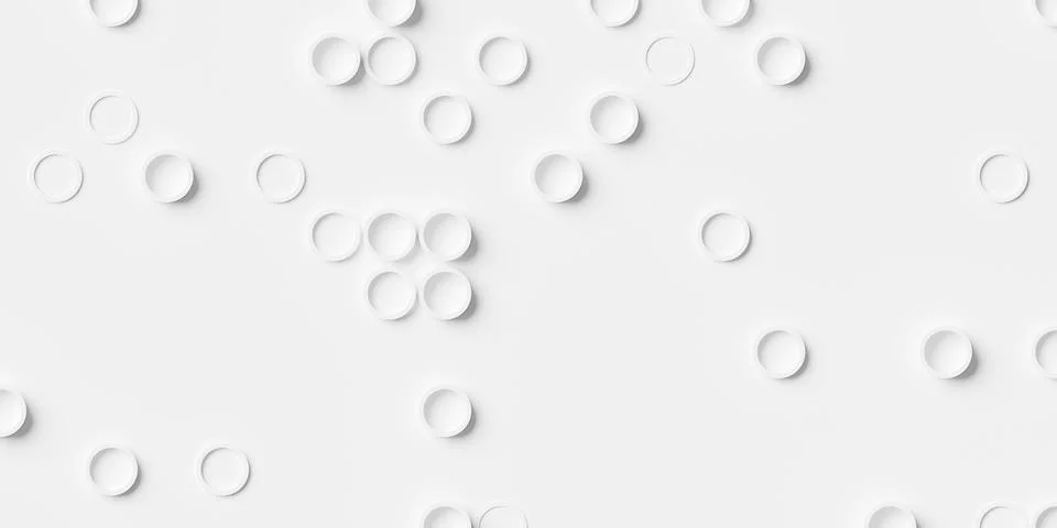 Array or grid of randomly offset scattered white circular rings background .. Stock Illustration