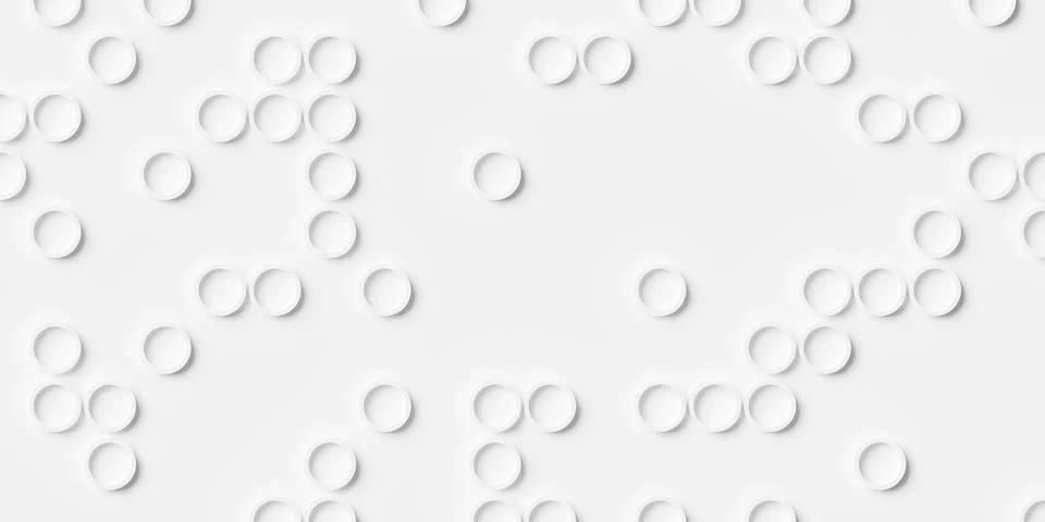Array or grid of randomly scattered white circular rings background wallpap.. Illustrazione stock