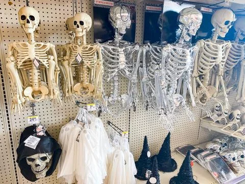 An array of plastic and metallic skeletons hanging on a retail store displa.. Foto stock
