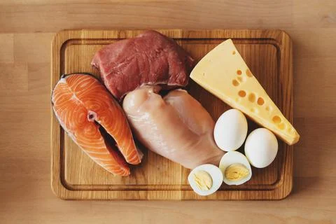 Array of products rich in protein displayed on the table Fotos de archivo