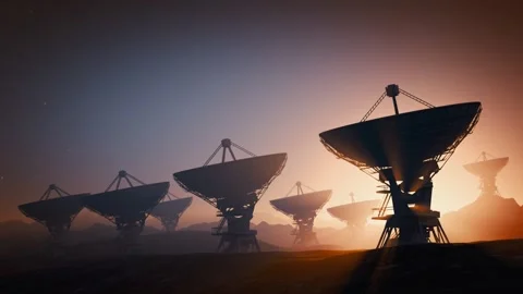 Array of radio telescopes for observation radio signals from space at night. Stock Footage 288077022