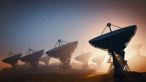 Array of radiotelescopes at night for scientific research and space observa.. Stock Photos