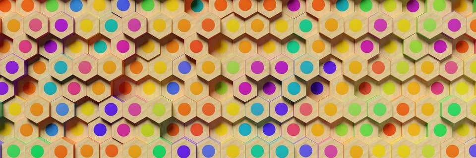 Array of rainbow or spectrum palette randomly colored shifted pencil ends a.. Illustrazione stock