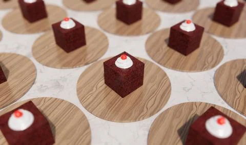 Array of Red Velvet Cake Squares on Individual Wooden Coasters Stock Illustration