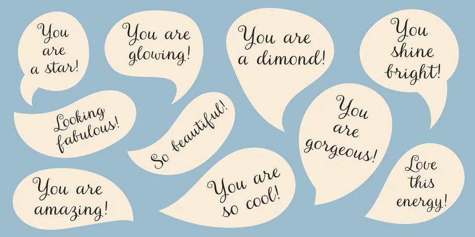 Array of rounded speech bubbles arranged on muted blue background containing  Stock Illustration