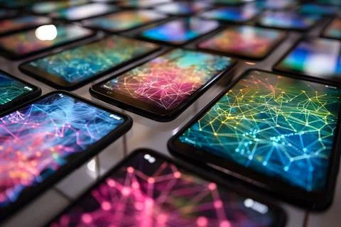 Array of smartphones displaying colorful network graphics Stock Photos