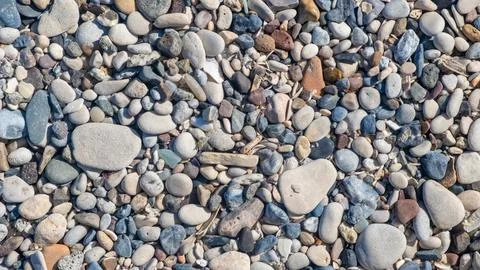 An array of smooth stones in various shapes and colors covers the sandy surface Stock Photos