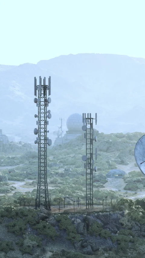 An array of surveillance antennas in a grassy field at an observatory Stock Footage 268198906