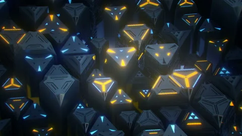 Array of triangles with blue and orange lights VJ loop 3D render animation Stock Footage 162731938