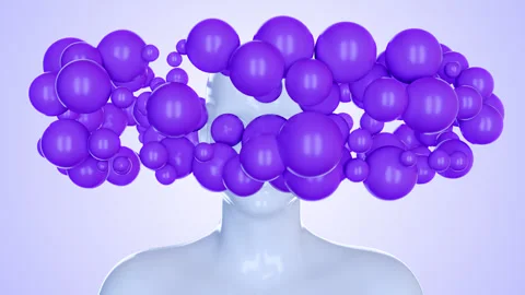 Array of violet balls flies around man head Stock-Footage 276350989