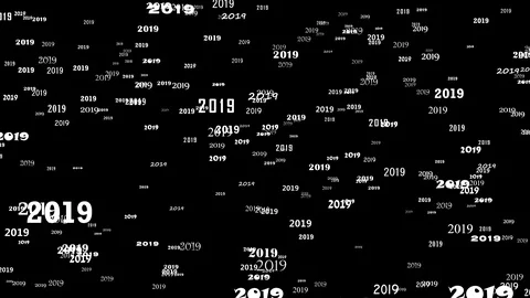 Array of white numbers 2019 floating, approaching on a black background. Stock Footage 93338943