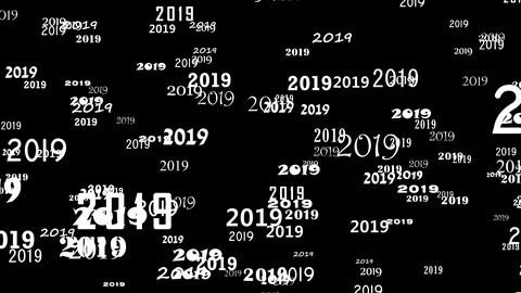 Array of white numbers 2019 floating, approaching on a black background. Stock Footage 93338971
