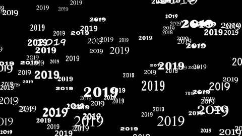 Array of white numbers 2019 floating, approaching on a black background. Video stock 93338973