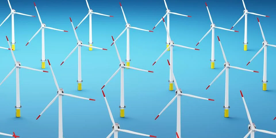 Array of wind turbines on gradient blue background. Renewable energy Illustrazione stock