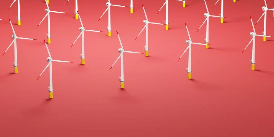 Array of wind turbines on vibrant red background. Renewable energy Foto stock