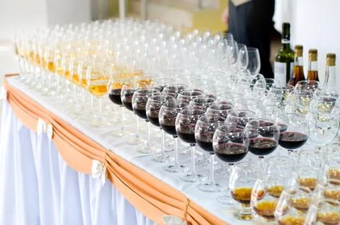 Array of wineglasses, selective focus Foto stock