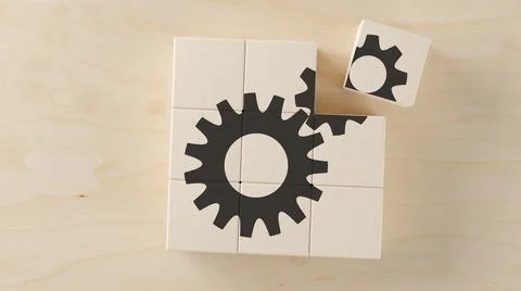 Array of wood cubes with cogwheels or gears symbol on wooden table flat lay.. 스톡 일러스트