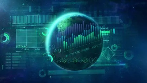 Arrays of statistical infographic on the background of the planet. Stock Illustration