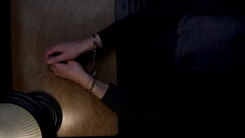 Arrested and interrogated by law enforcement handcuffed suspect. Stock Footage 292931848