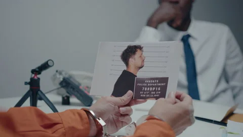 Arrested Man Checking Mugshots of Suspects during Interrogation Stock Footage 238544635