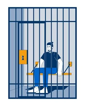 Arrested suspect man sitting in jail cell behind bars 2D cartoon character Stock Illustration