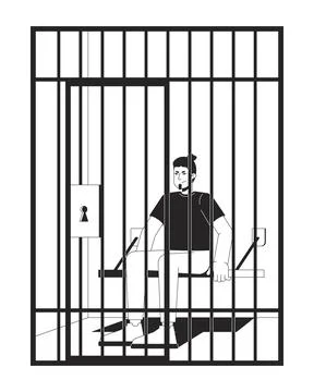 Arrested suspect man sitting in jail cell behind bars 2D line character Stock Illustration