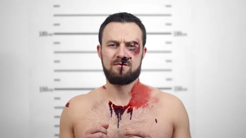 Arrested young beaten man posing for front view mugshot. Stock Footage 142806422