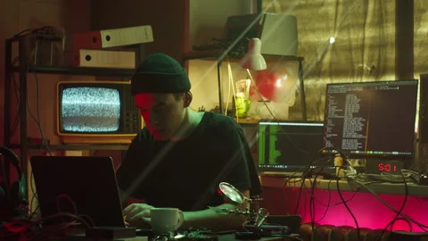 Arresting of hacker typing on keyboard, breaking password, using laptop and 動画素材 159509095