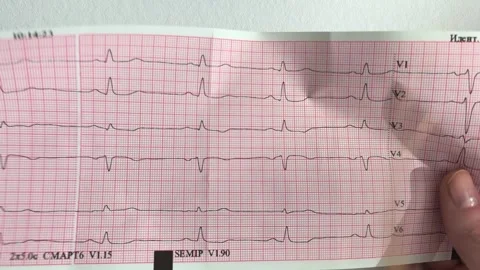 Arrhythmia detection review on an ecg cardiogram strip held by a medical ex.. Stock Footage 345552851