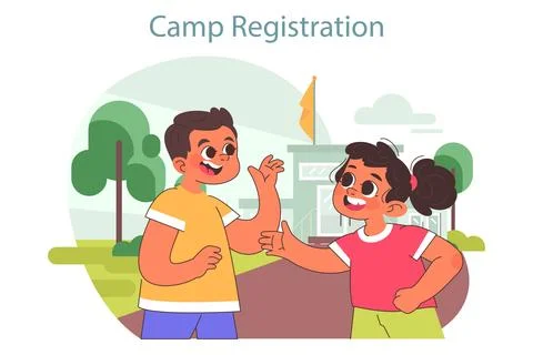 Arrival and registration at tech camp for children. STEM profession Illustrazione stock