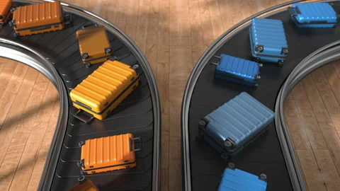 Arrival is cold blue. Departure warm yellow. Suitcases move on roller conveyor i Stock Footage 227083541