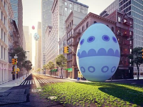 Arrival of the easter egg in big city. 3d rendering Illustrazione stock