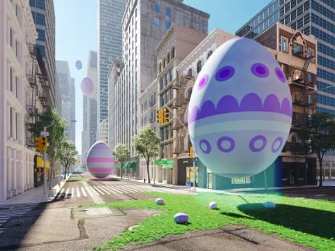 Arrival of the easter egg in big city. 3d rendering Stock Photos