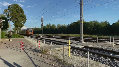 Arrival of the Elron modern  electric train, manufactured by Stadler Train Stock Footage 138276862