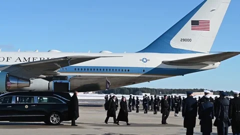 Arrival of Jimmy Carter's coffin aboard Special Air Mission 39 at JB Andrews Stock Footage 297365376
