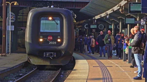 Arrival of a local train on a platform of Copenhagen Central Station Stock Footage 197486605