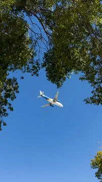 Arrival in Paradise: Low Angle Vertical Shot of a Commercial Jet in Key West 스톡 사진