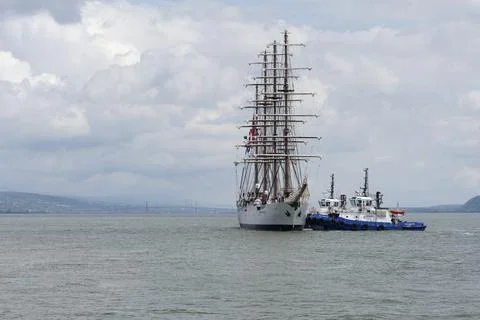 Arrival of the Peruvian four-masted sailing ship BAP Union at the port of Quebec Stockfoto's