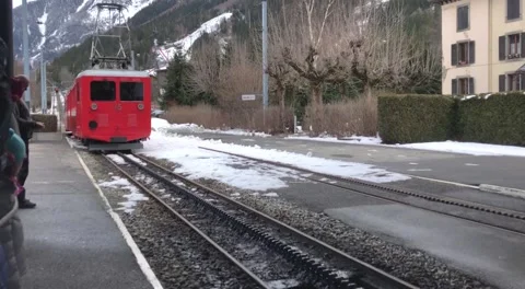 Arrival of the rack train at Chamonix train station Stock Footage 139970268