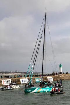 Arrival of Sam Goodchild for the Vendee Globe 2024 Stock Photos