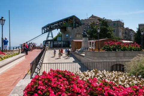 Arrival of the San Marino cableway while tourists admire the spectacular view Stock Photos