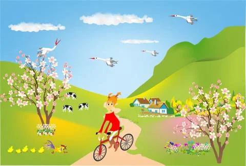The arrival of storks in the spring, Stock Illustration