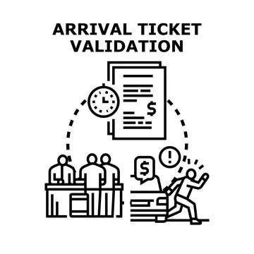 Arrival ticket validation process with people waiting and paying Stock Illustration
