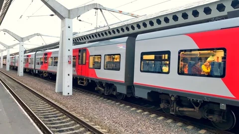 Arrival of the train at the final station - Moscow railway Stock-Footage 118134090