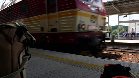 Arrival of the Train to Station. Real Time. No Movement Camera. Stock Footage