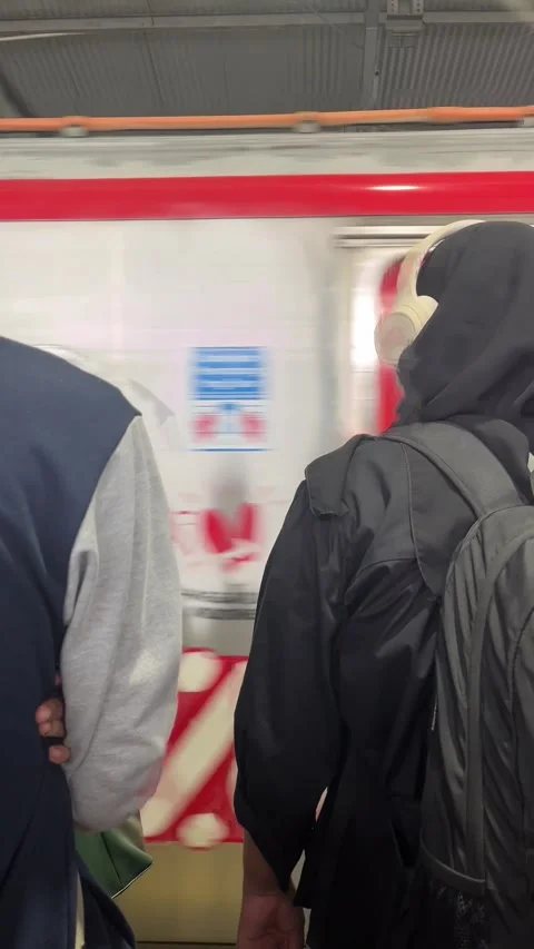 Arrival of a train at a station, rear view of two passengers about to board Stock Footage 296452408