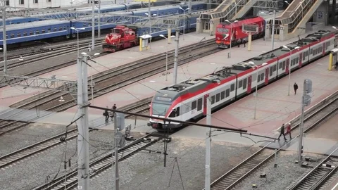 The arrival of trains at the station Stock Footage 74429630