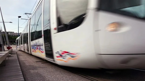 Arrival of the tramway on the bridge Raymond Barre Video stock 56931388