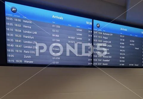 Arrivals display board at airport terminal showing international destinations Stock Photos