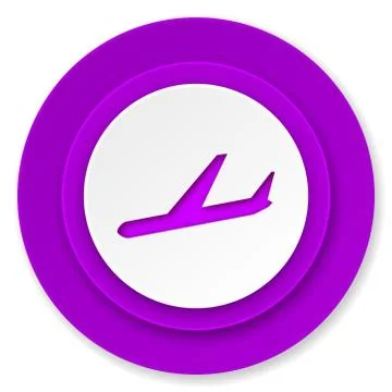 Arrivals icon, violet button, plane sign. Ilustración de archivo